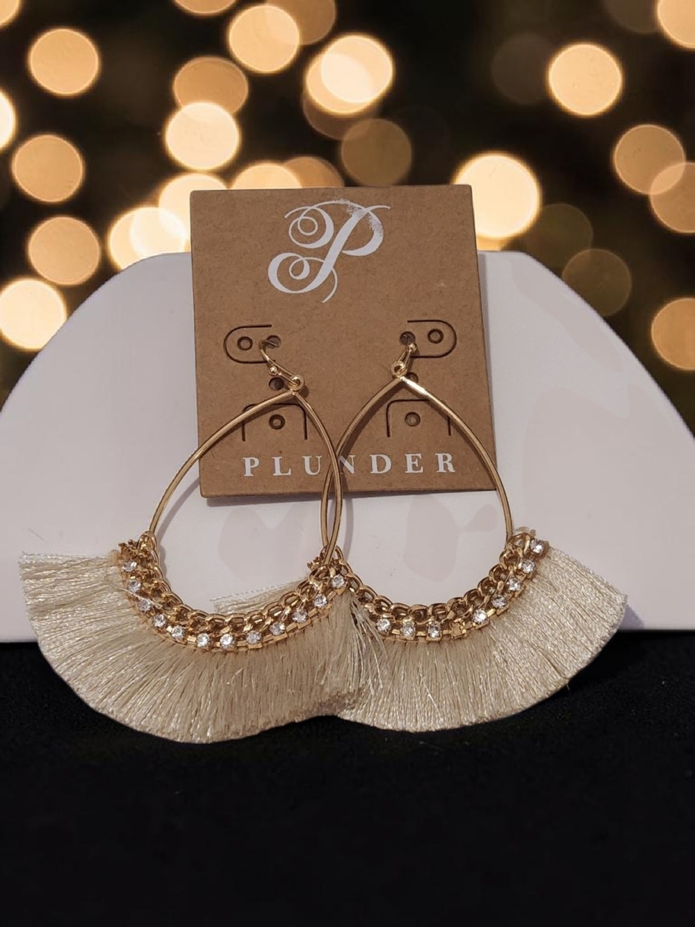 Plunder Gold and Cream Crystal Fringe Hoop Earrings